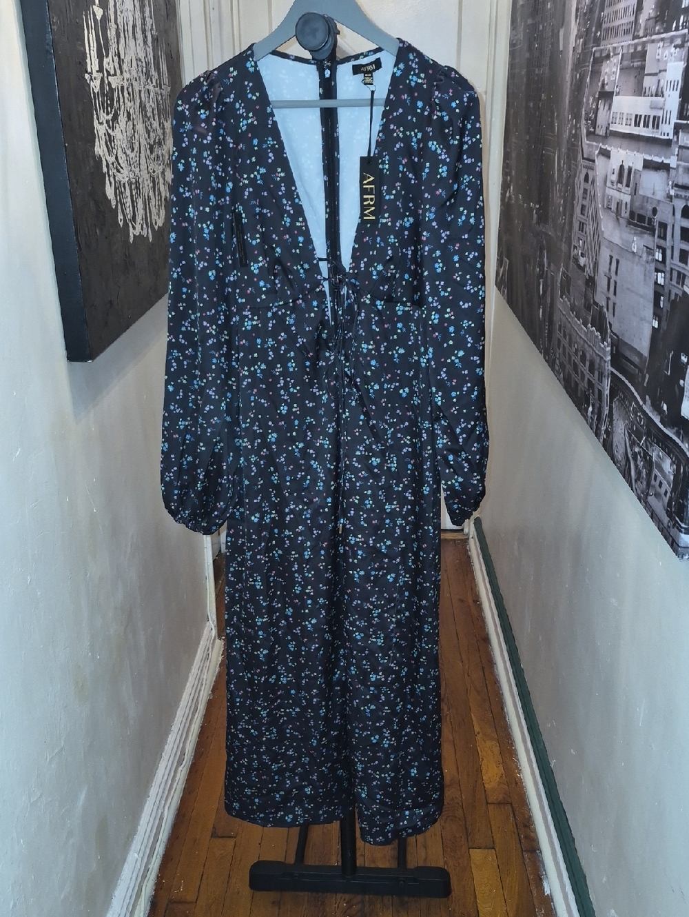 AFRM Black Midi Dress with Blue & White Floral Print